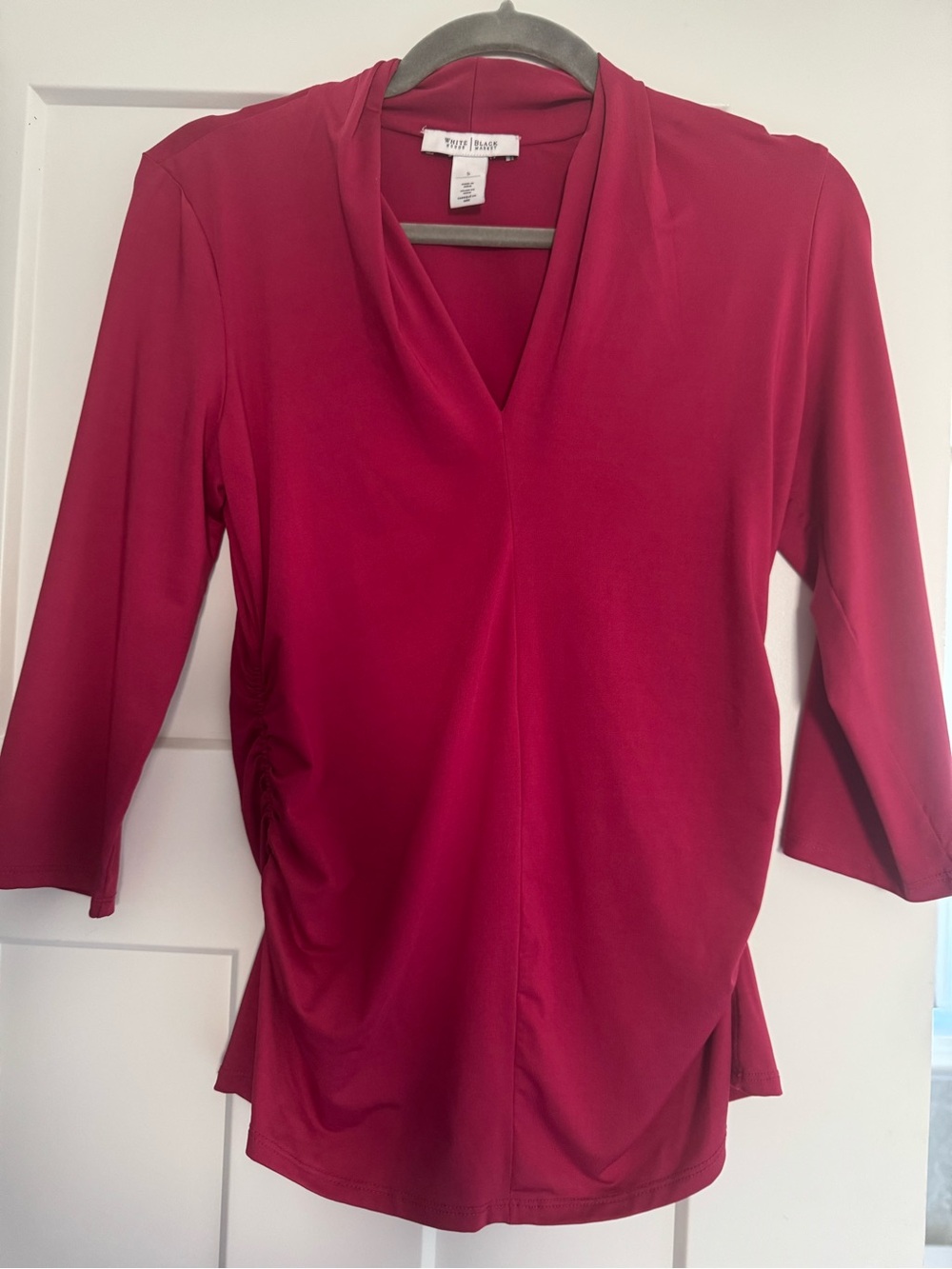 White House Black Market Ruched-Side V-Neck Tunic in Deep Pink-Red